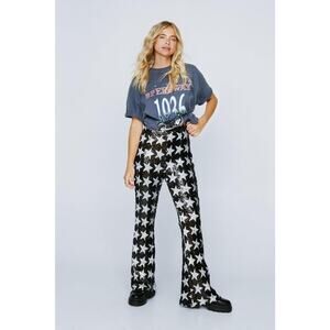 Nasty Gal Star Sequin Pants Black White Retro Flare Wide Leg 14